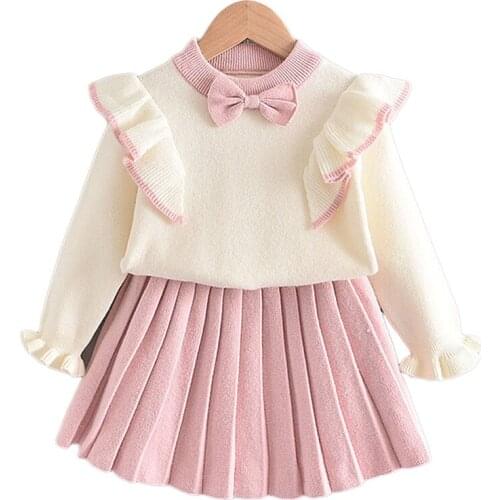 Fall Winter New Baby Girl Clothes Toddler Kids Knitting Sweater+Skirt 2-Piece Set Children Birthday Party Clothing Cute Bow Suit