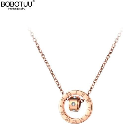 BOBOTUU Trendy CZ Crystal Double Circle Chokers Necklace Roman Numeral Rose Gold Stainless Steel Female Pendant Jewelry BN19025