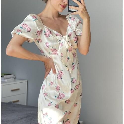 Colorfaith New 2021 Women Summer Dresses V-Neck Puff Sleeve Elegant Sexy Satin Printed Floral Bow Vintage Lady Mini Dress DR9588