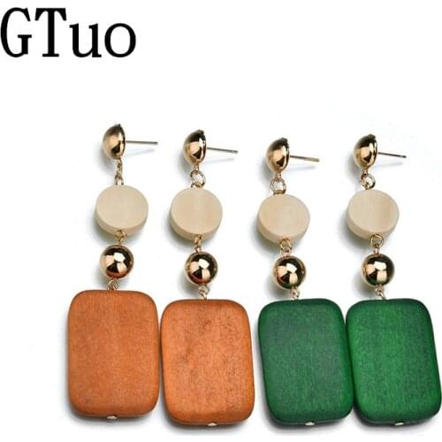 Vintage Round Wooden Long Earrings Metal Ball Square Dangle Drop Earrings for Women Personality Korean Jewelry Orecchini Donna