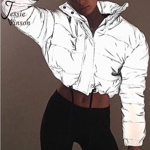 Jessie Vinson Stand Collar Reflective Thick Bomber Jacket Women Chic Night Illuminated Reflective Warm Jacket Coat Winter Parka