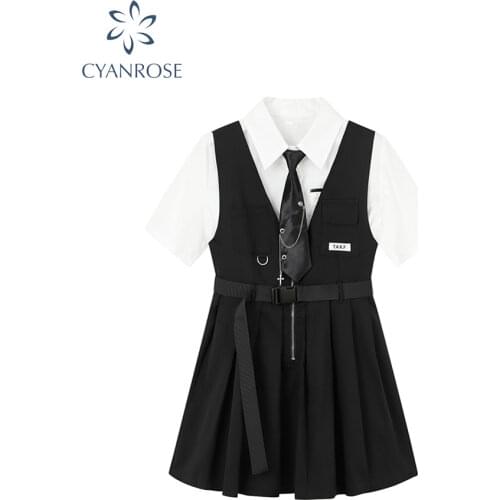 Women Dresses Sweet College Girl Tie Shirts Harajuku High Waist Pleated Vest Mini Gothic Dress 2021 Summer 2 Piece Sets Female