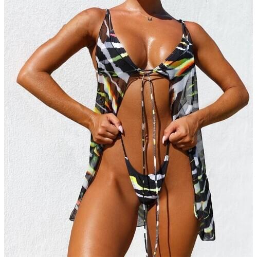 Women 3 Pieces Bikini Set Sexy Push Up Print Boho Swimsuit Swimwear Bra Cover Up Female Female String Micro Cardigan Beachwear