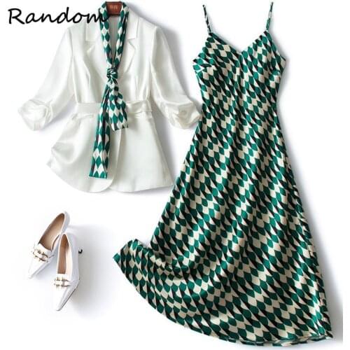 Women Plus Size Office Dress Suit Jacket Coat Top And Geometric Print Sundress Two Piece Set Elegant Outfit Workwear Clothing