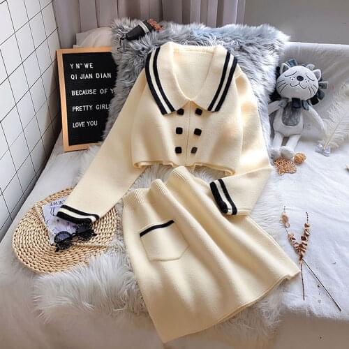 Womens Autumn Suit Short Sweater + Skirt Two-piece Knitted Suit Casual Female Suit/Sets