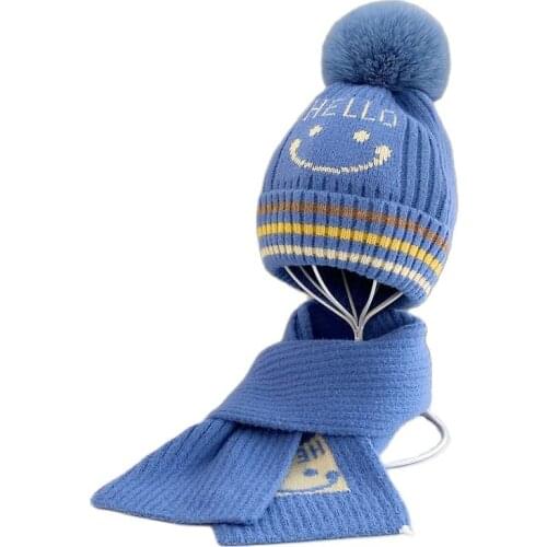 Winter Polyester Boys And Girls Hat Scarf Set Korean Version Thickening Warm Knitting Cap Cold-proof Children Scarf 2-Piece Suit