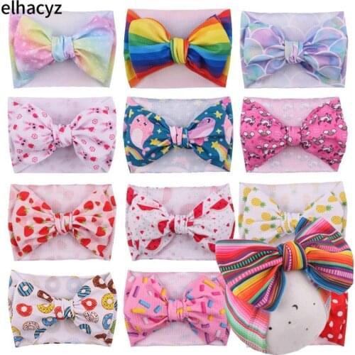 10pcs/lot New Large 7" Hair Bow Top Knot Headband Waffle Printed Elastic Headwrap For Girls Kids Headwear DIY Hair Accessories