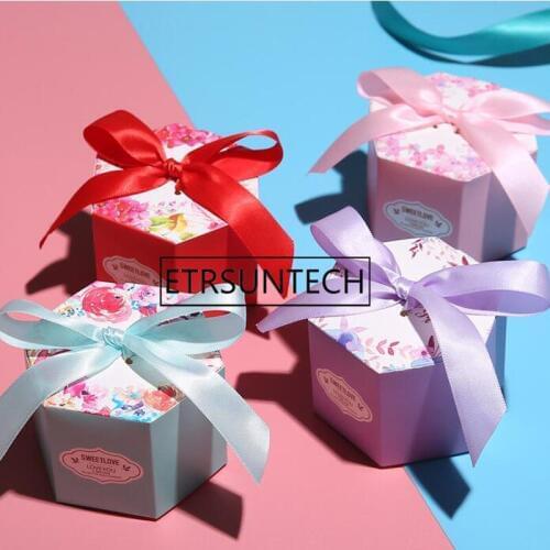 100pcs Creative Blue Starry Sky Hexagonal Floral Wedding Favors Candy Boxes Party Chocolate Box Paper Gift Box