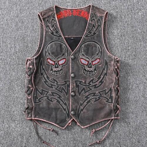 2021 Vintage Brown Motorcycle Style Genuine Leather Vest Men Plus Size 3XL Real Cowhid0e Spring Skulls Embroidery Leather Coat
