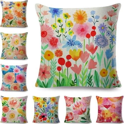 Watercolor Floal Cushion Cover Decor Flower Bird Colorful Plant Pillow Case Polyester Pillowcase for Sofa Home Car 45x45cm