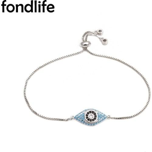 AAA Shiny Blue Cubic Zirconia Stones Evil Eye Copper Chain Adjustable Bracelet Women Lady Popular Chic Slide CZ Fashion Jewelry