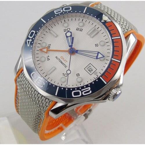 NEW 41mm White Sterile Dial Self Winding Mens Watch Automatic GMT Movement Sapphire Glass Rubber Strap Date Window