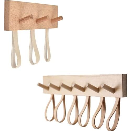 Wooden Wall Mounted Entryway Coats Hooks With Leather Organizer,Bedroom And Bathroom Robe Racks,For Hats Bags