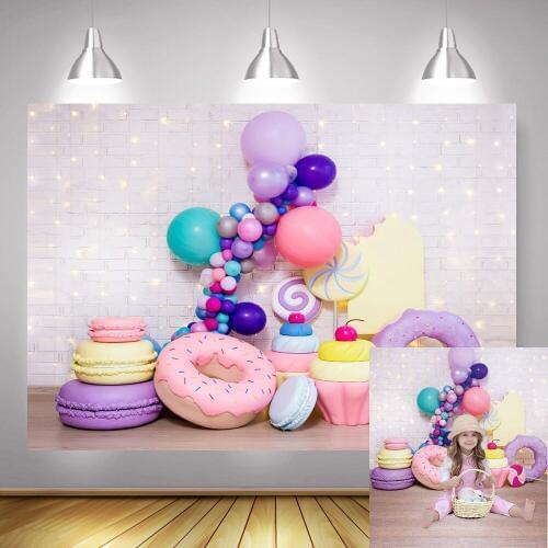 Donut Party Photo Background Sweet Children Birthday Backdrop Candy Lollipops Ice Cream Love Brick Wall Balloons Photography