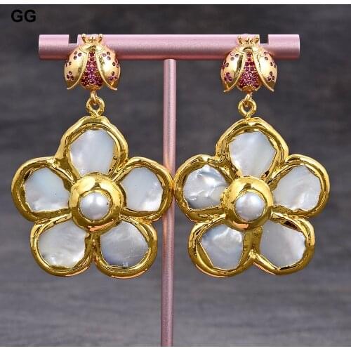 GG Jewelry Natural 38MM White Shell Round Pearl Flower Yellow Gold Plated CZ Paved Insect Dangle Stud Earrings