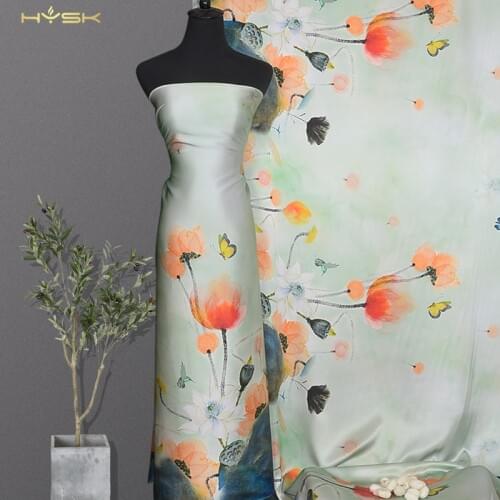 HYSK 100% natural silk satin fabric lotus floral print luxury traditional heavy thick real charmeuse by the yard for dress E2140