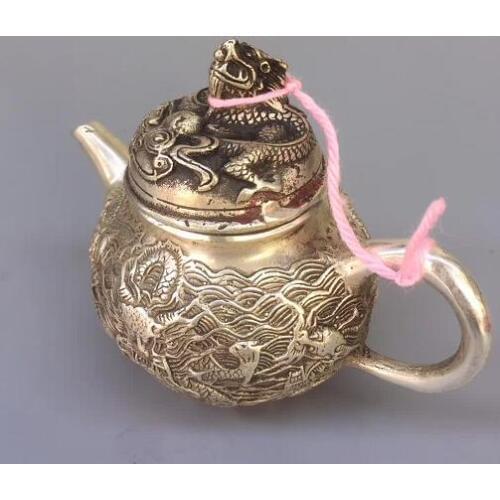 Collection Chinese Tibetan Silver Carved Dragon Copper Teapot Wine Pot Water Pot Home Decoration Crafts