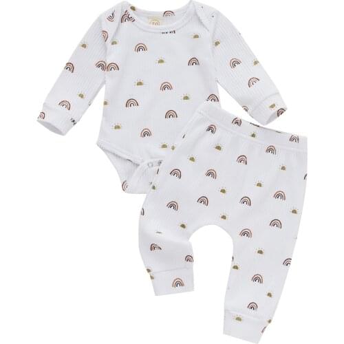 2021 Toddler 2 Pcs Newborn Ribbed Outfits Infant Rainbow & Sun Print Long Sleeve Round Neck Playsuit + Trousers