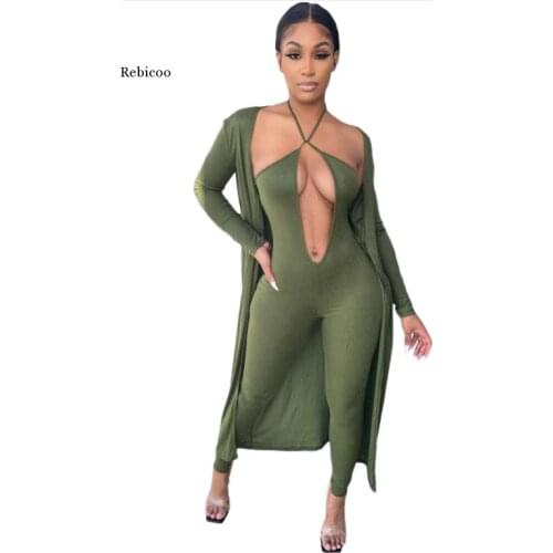 Woman Casual Long Sleeve Long Cardigan Halter Collar Sexy V Jumpsuits and Trench Coat 2 Piece Pant Sets Rompers Womens Outfits