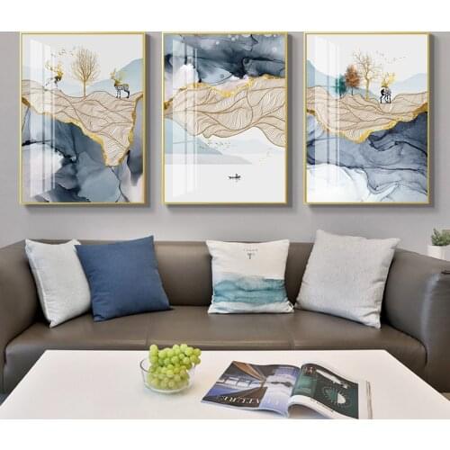 Creative landscape mountain deer tree golden web modern decorative Picture Canvas Wall Art Poster for room hotel office decor