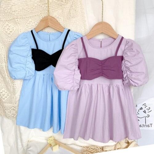 Summer Girls' Dress Fake Two-Piece Wrapped Chest Short Sleeve Sweet Princess Dress Korean Style ChildrenS Baby Kids Clothing