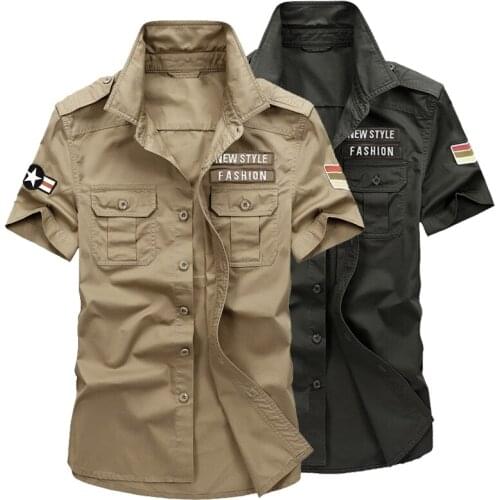 2021 Summer Mens Military Shirts Cotton Army Short Sleeve Shirts Male Work Cargo Shirts Casual Slim Fit Mens Shirts