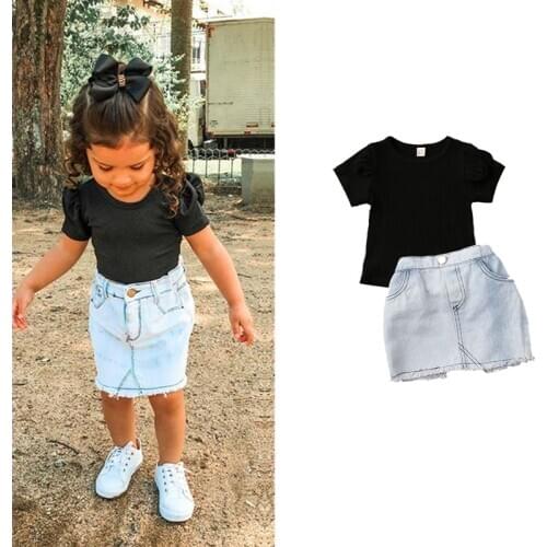 Newly Toddler Baby Girls Clothes Sets 0-5Y Fashion Black Short Sleeve T Shirts Tops+Denim Mini Skirts