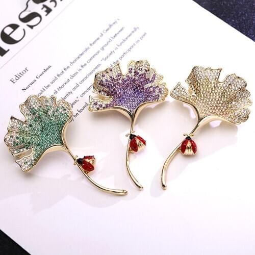 OKILY Luxury Cubic Zirconia Ginkgo Leaf Brooches Pin for Women Delicate Insect Bug Pin and Brooch Xmas Jewelry Accessories