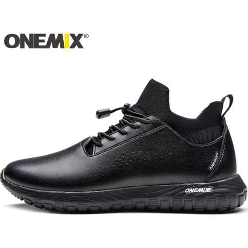 ONEMIX Men Running Shoes for Women Black Microfiber Leather Jogging Sneakers Outdoor Sport Socks Shoes Walking Socks Trainers