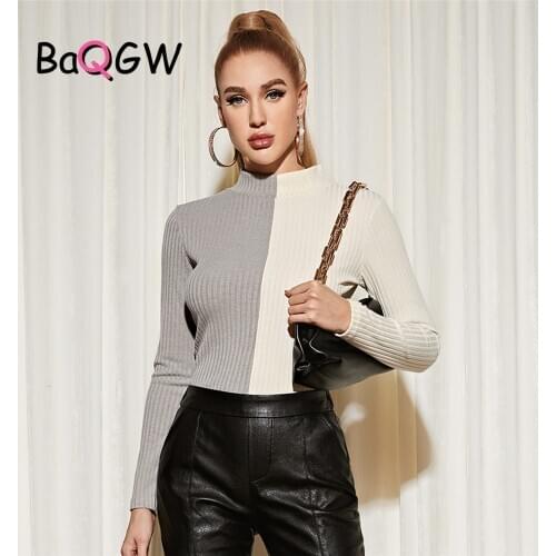 BaQGW Autum Women Shirts 2020 Causal Color Block Slim Bottoming Tshirt Harajuku Long Sleeve Turtleneck T-Shirts Girls Basic Tops
