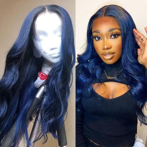 Blue Wig Lace Front Human Hair Wigs For Black Women 180% Density T Part Lace Wigs Wavy Peruvian Remy Pre Plucked Bleached Knots
