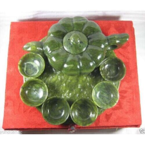 Christmas decorations for home+ Chinese Handwork Carving Green Jade Teapot Set 1 Pot 1 Plate 6 Cup