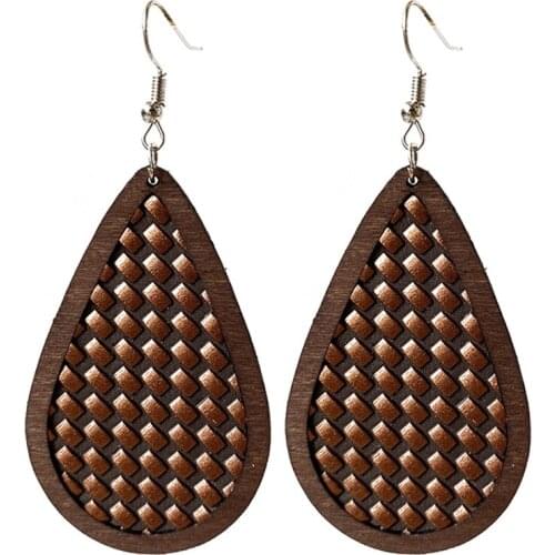 Handmade DIY Woven Leather Wood Teardrop Dangle Drop Earrings for Women Newest Fashion Jewelry Party Gift Accessories