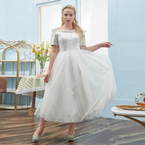 Evening Dress Boat Neck Button Short Sleeves Elegant Pleat Tea-Length Empire Simple A-Line Plus Size Women Formal Gowns D1058