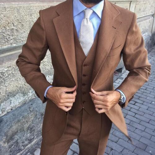 High Quality Two Buttons Brown Groom Tuxedos Notch Lapel Groomsmen Mens Wedding Prom Suits (Jacket+Pants+Vest+Tie) NO:73