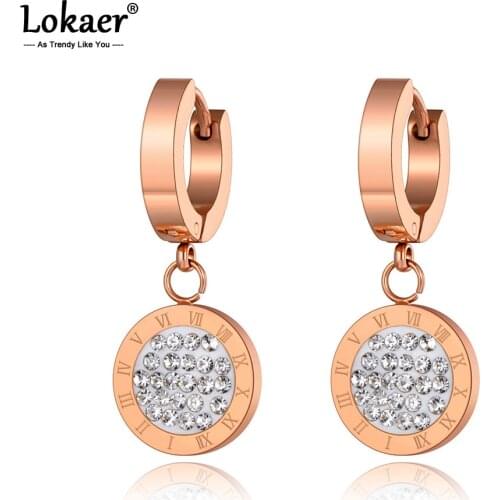 Lokaer Titanium Stainless Steel Bohemia CZ Crystal Roman Numeral Earrings For Women Trendy Clay Rhinestone Hoop Earrings E20242