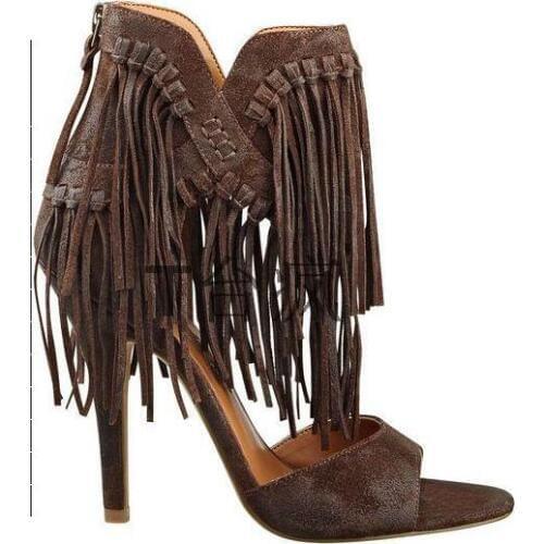 New arrival fashion brown tassel high heel women sandals open toe suede party dress shoes woman size 34 to 42 knot frienge