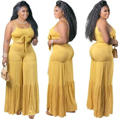 Sexy Women Tracksuit Drawstring Spaghetti Strap Top + Long Wide Pants Solid Color Streetwear Summer Clothes For Women Outfit