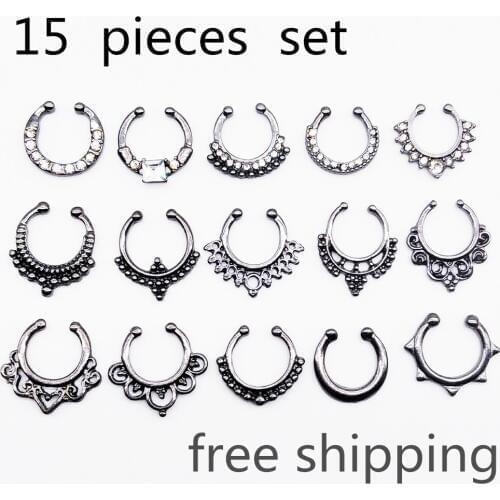 15 PCS set Crystal Clicker Fake Septum for Women Body Clip Hoop Vintage multicolor Fake Nose Ring Faux Piercing Body Jewelry