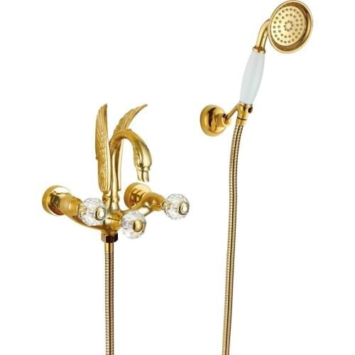 Free shipping gold clour crystal handles swan bath shower faucet with handshower