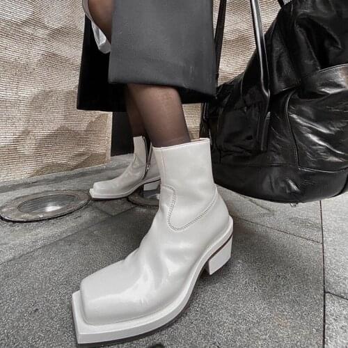 Autumn Fashion Ankle Boots For Women Square Toe Zip High Heels Winter Shoes Women White Leather Botas Mujer 2020 Zapatos Mujer