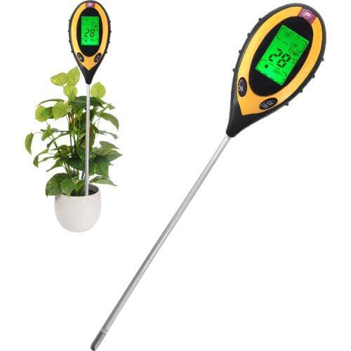 Digital Soil Survey Meter Instrument 4-in-1 Sunlight / Moisture / Soil pH / Temperature Tester w/ Backlight for Lawns and Plants