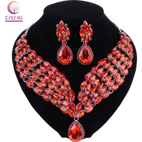 CYNTHIA New Luxury Crystal Statement Necklace Earrings Set Silver Color Jewelry Sets Indian Bridal Wedding Costume Jewellery