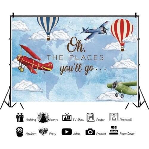 Blue Sky Airplane Hot Air Balloon Children Backdrops Photos Background Decorations for Kids Birthday Party Photography Props