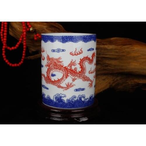 Chinese Porcelain Blue White Red Dragon Painting Calligraphy Sumi-e Brush Pot