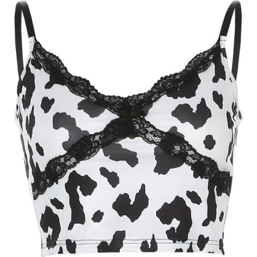 Lace Edge Cow Print Cute Crop Top Women Sleeveless Sexy Party Clubwear V Neck Tank Top Lolita Girl Anime Cosplay