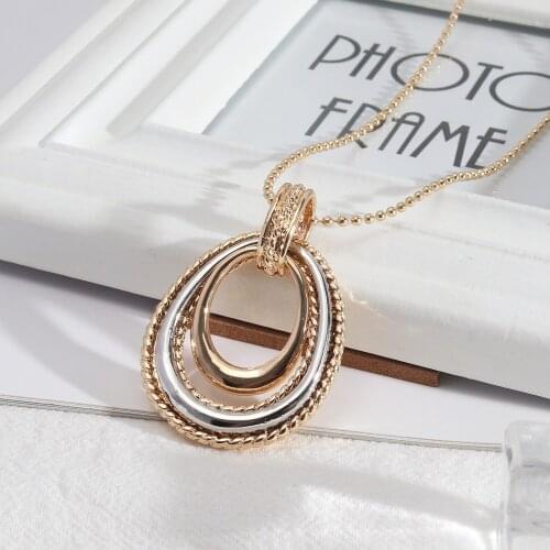 Circles Pendant Necklaces Frame Charms Jewelry for Women Girl Gold Beaded Chain 63cm sweater Necklace