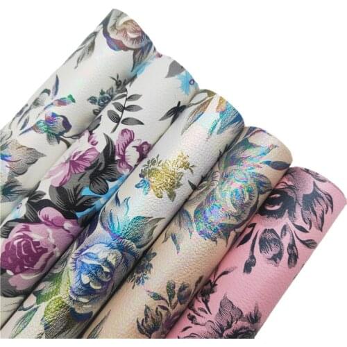 LEOsyntheticoDIY Flowers Printed Synthetic Leather Faux Fabric Leather Sheets Pearlized Litchi leather for Bows DIY 21X29C R164