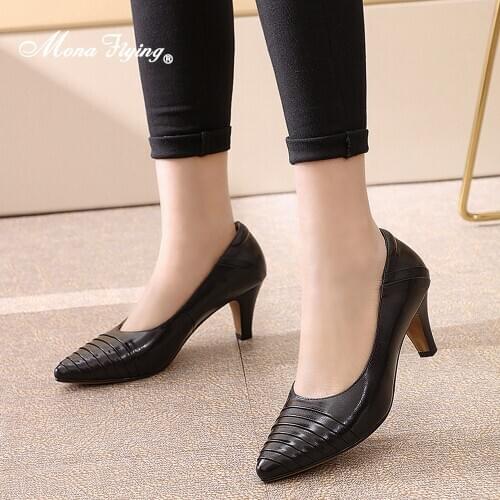 Mona Flying Womens Leather Pumps Comfort Fashion High Heels Dress Handmade Shoes Office Party for Women Ladies 2020 New G168-13