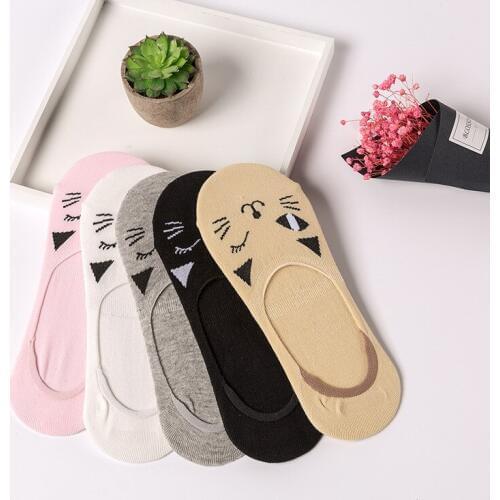 Ms. Xia Cute Cotton Short Socks 200 Needles Cotton Boat Socks Silicone Antiskid Cartoon Cat Invisible Socks
